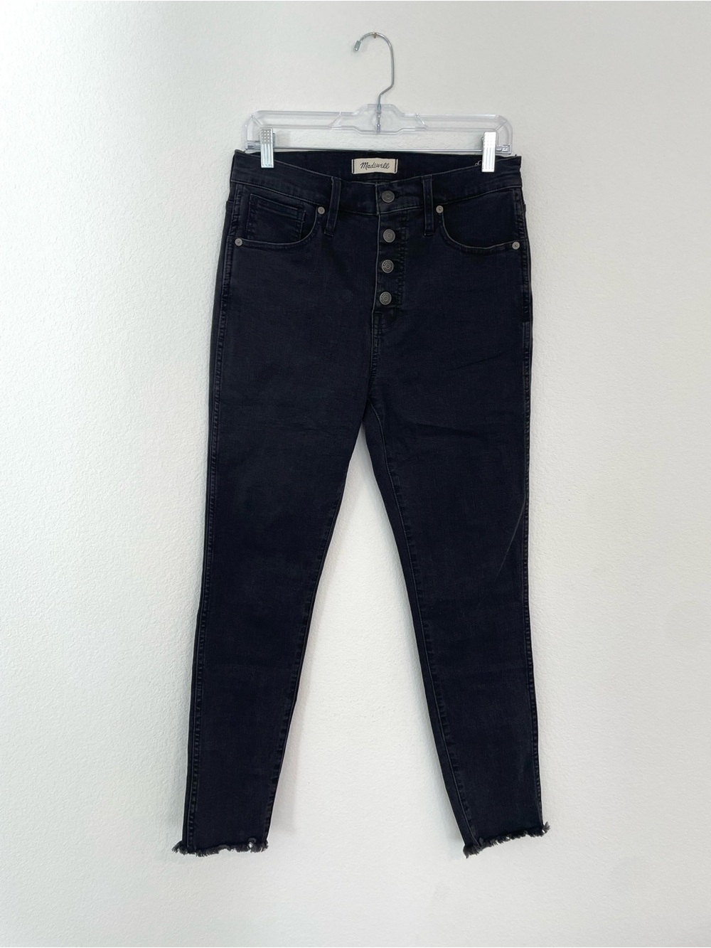 Madewell Berkeley 10” High Rise Skinny Faded Black Button Fly Frayed Hem